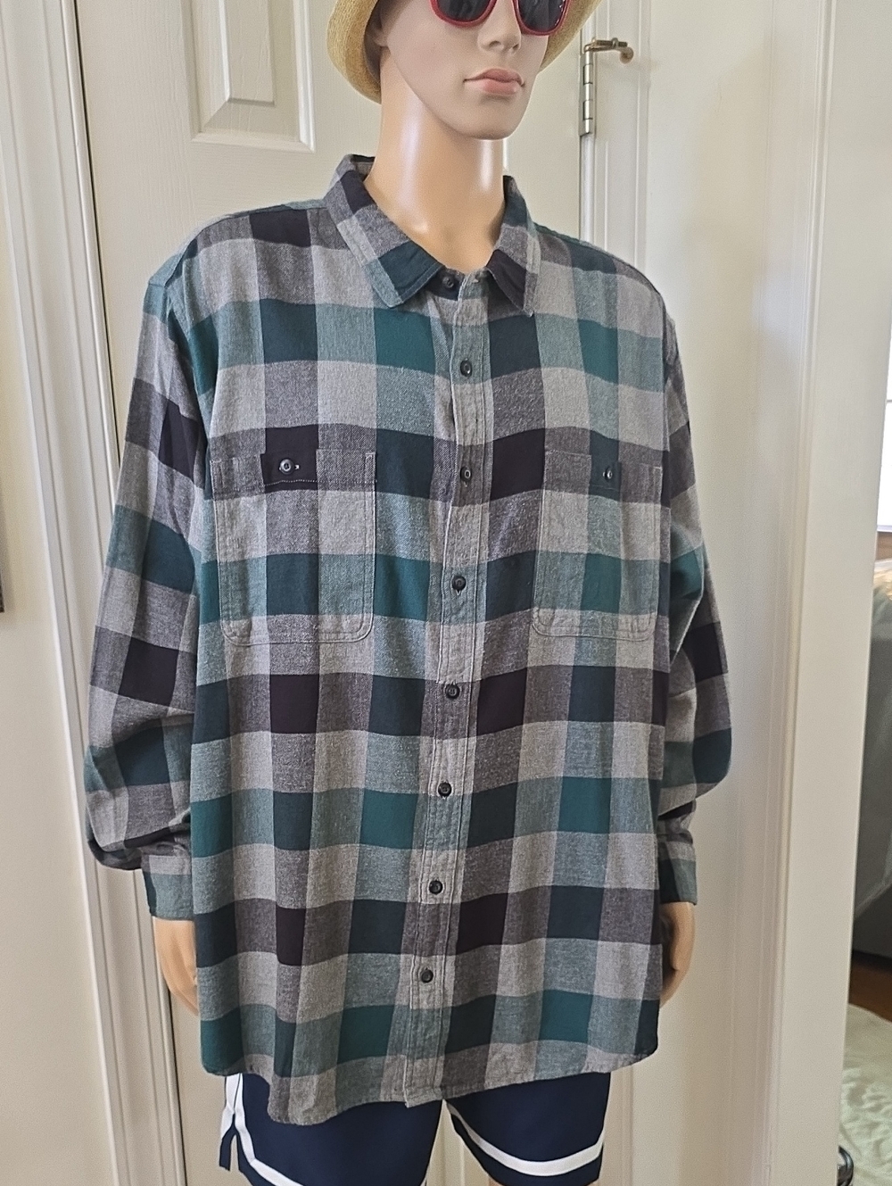 Sonoma Brand Men's Big & Tall Teal & Black Plaid Flannel Shirt Size 4XB